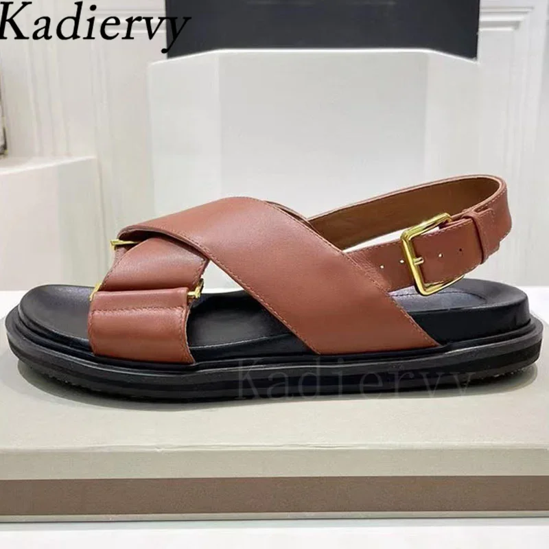 Sommer flache Sandalen Frau echtes Leder Kreuz riemen Urlaub Strands chuhe weibliche dicke Sohle römische Sandalen Frauen Sandalen Mujer