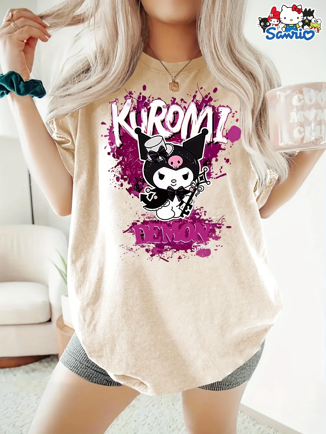 سانريو كورومي تي شيرت المرأة الرجال القطن تي شيرت س الرقبة عادية كبيرة الحجم قصيرة الأكمام فضفاضة الشارع الشهير قمة الموضة الملابس الصيف #1