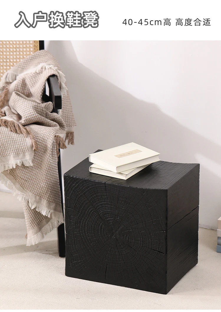 Wabi-Sabi Charred Wood Side Table Handcrafted Tree Stump Stool with Natural Texture Bedside Coffee Table for Home Decor