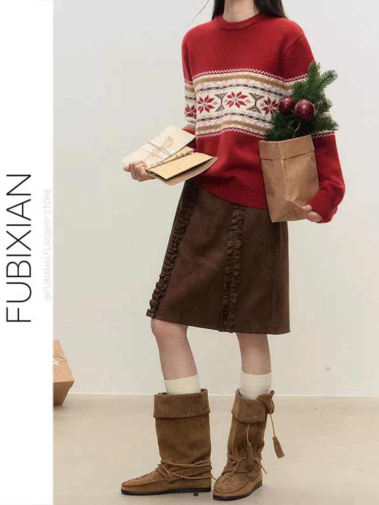 

Retro Wood ain Suede Casual Mid-length Autumn Winter New Sle Slim Straight f-length Skirt for Young Women