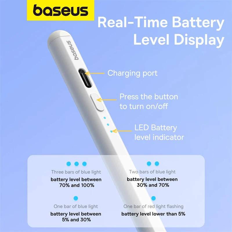 Baseus Smooth Writing 2 Series Stylus with LED Indicators, Moon White (Active/Passive version with type-C cable, active pen tip