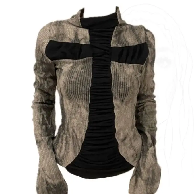 الألفية Y2k ثقافة فرعية الصليب كم طويل تي شيرت للنساء موضة شارع العليا الساخن فتاة طويلة الأكمام تي شيرت النساء الملابس