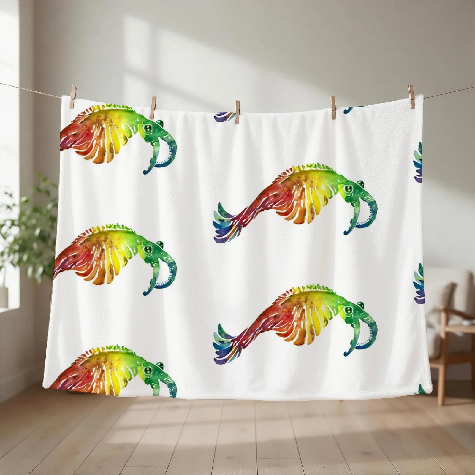 Watercolor Fossil Anomalocaris in Rainbow Throw Blanket couch cozy soft plush fuzzy picnic outdoor blanket