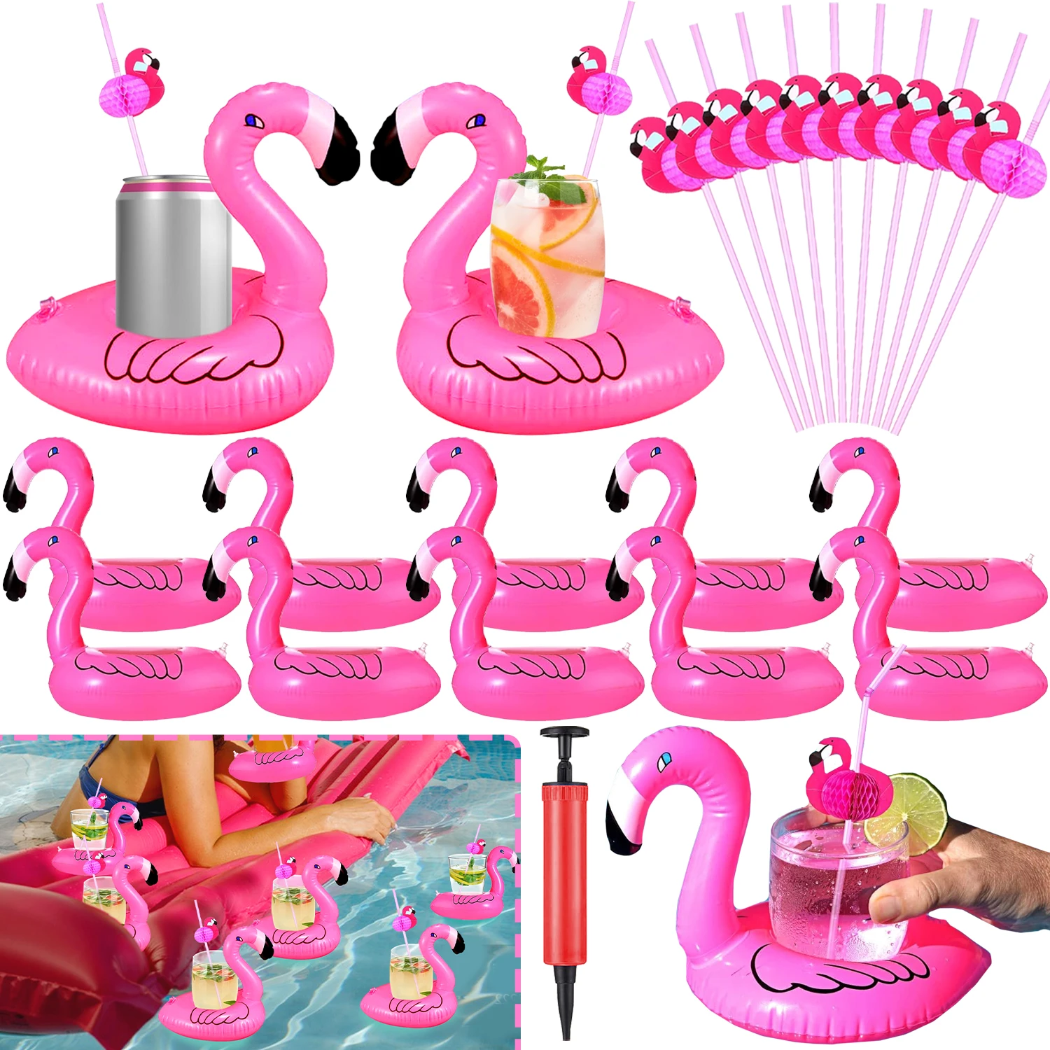 Portavasos para piscina, conjunto inflable, bebida de flamenco, flotadores a granel, posavasos, decoraciones para fiesta de natación, vajilla de despedida de soltera de verano