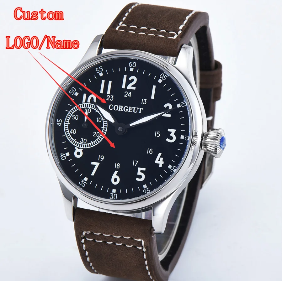 Corgeut 44mm 17 jóias st3600 relógio mecânico masculino logotipo personalizado mão enrolamento gaivota 6497 movimento relógios de pulso masculinos