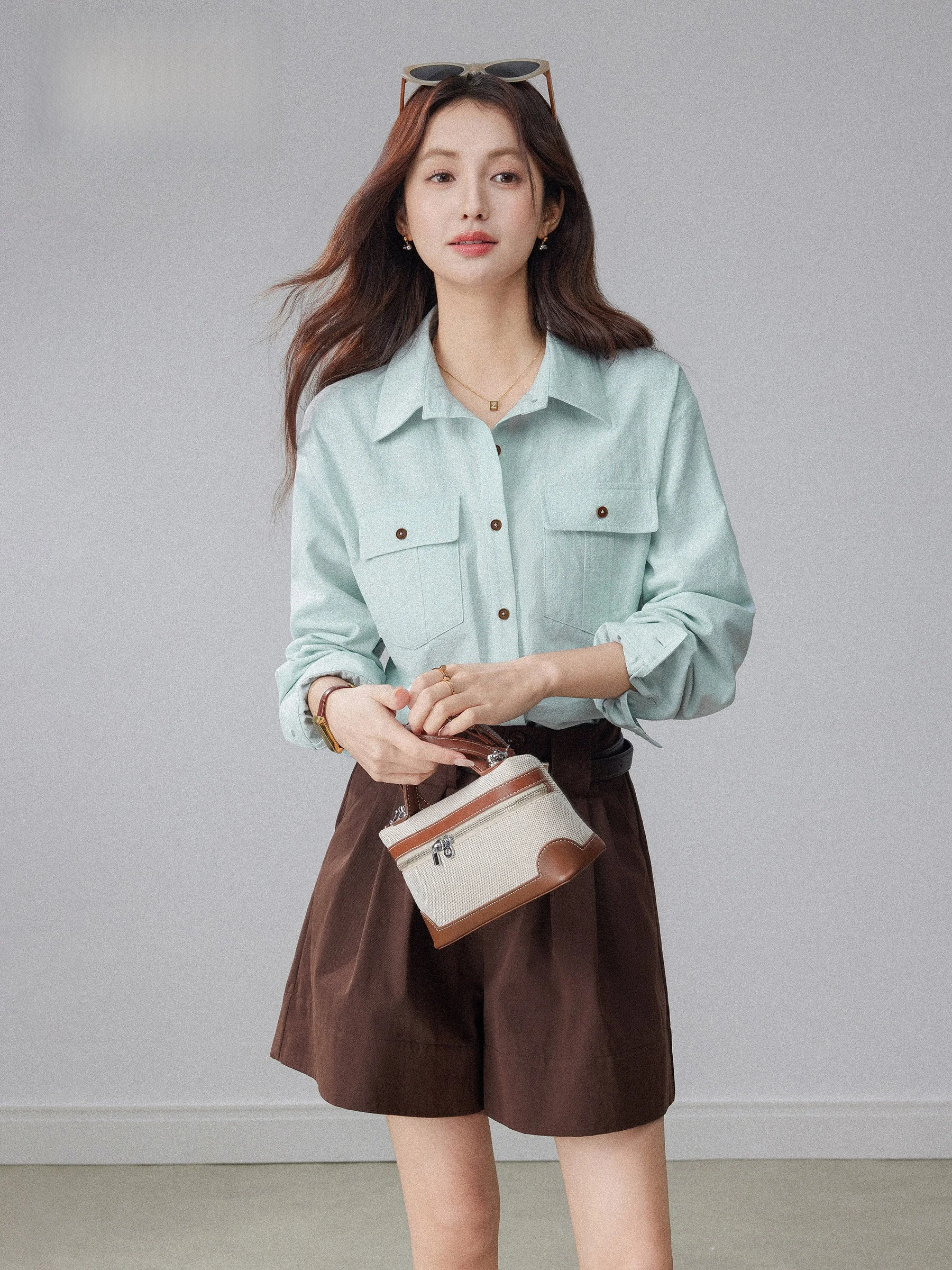 

Mint Green Loose Long Sleeve Shirt Women's Spring Outerwear Design Sensation Classic Preppy Style Versatile Casual Button up Top