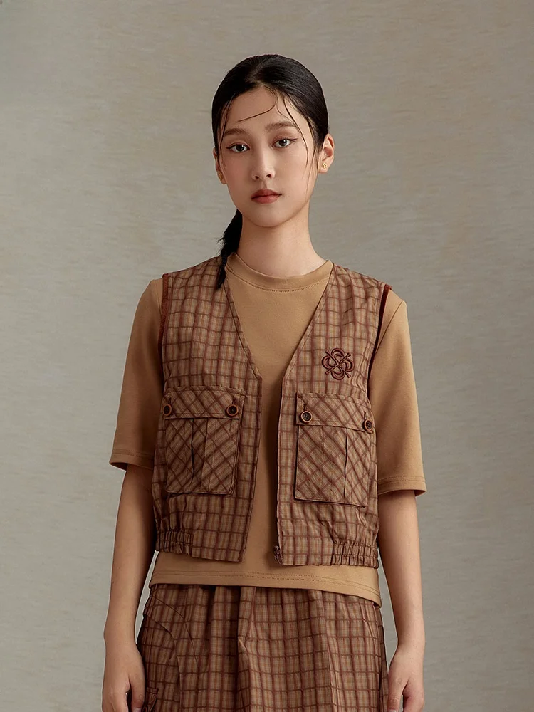 

Faionable Plaid V-Ne ort Fit Women's Vest Casual Zip Design Leisure Artistic Sle Polyester Fiber Outerwear Jaet