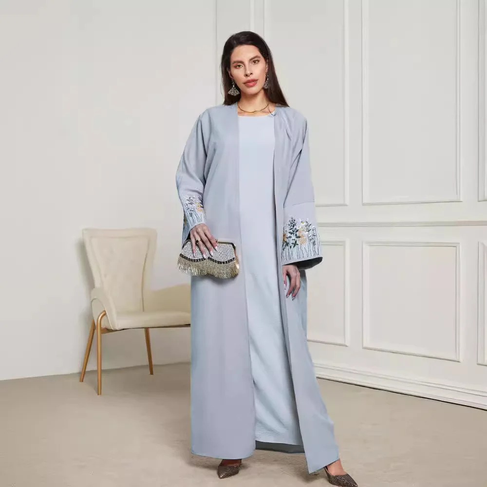 

Muslim Clothing Robe Embroidery Cardigan Dress Women's Blue Long Skirt Bat Sleeps 2024 Ramadan Festival Clothing Casual Dresses