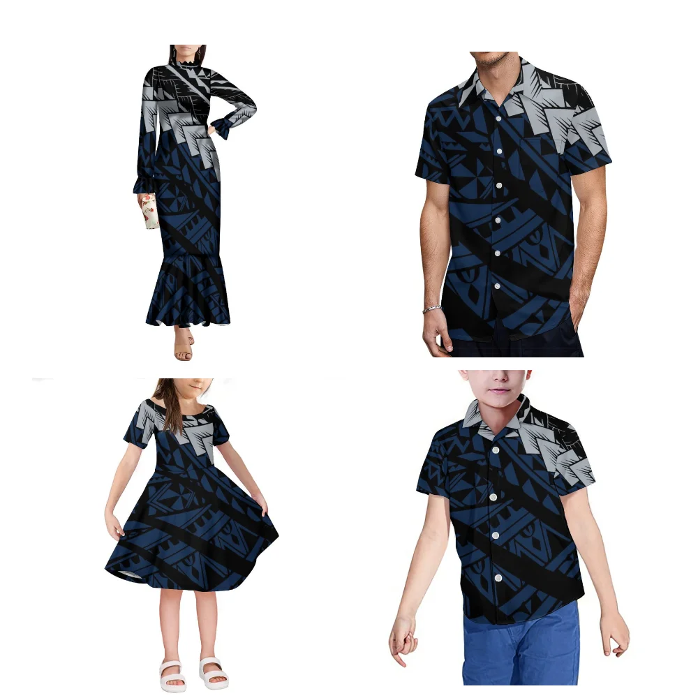 Polynesian Family Clothing Custom Wholesale Elegant Fishtail Dress Shirt Adult Children Dress Long Sleeve Long Skirt For Women