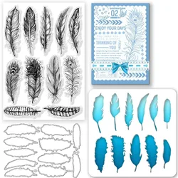 1Set Layered Feather Silicone Clear Stamps Metal Feather Cutting Die Cuts PET Paint Craft Stencils Template for Card Making