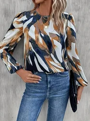 Allover Print Crew Neck Blouse Casual Long Lantern Sleeve Top For Spring & Fall Women's Clothing