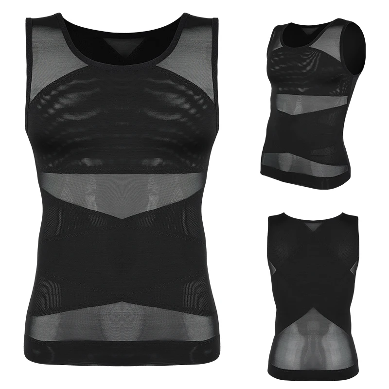 Kompressionsshirt für Männer, schlankmachendes Unterhemd, Body Shaper Tank Top, Gynomastica, ärmellose Shapewear-Weste, Netz-Kreuzanzug, 3XL – Detail 18
