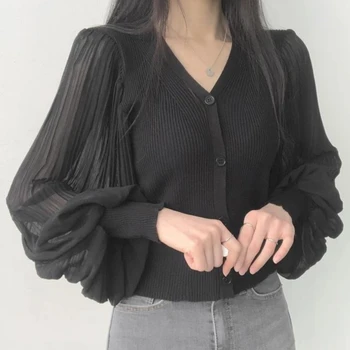 V Neck Solid Button Pleated Patchwork Temperament Tops Spring Autumn Long Sleeve Elegant T Shirts Fashion Korean Women Clothing 5