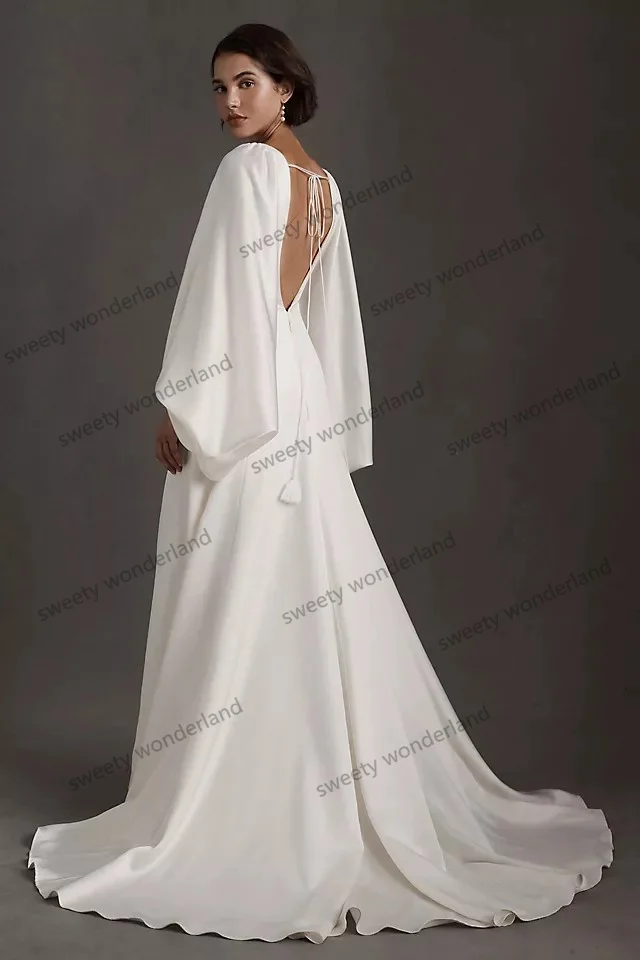 A Line Solid Wedding Dressess Backless Side Slit Bridal Gown Puff Long Sleeves Vestido De Novia Summer Beach Robes