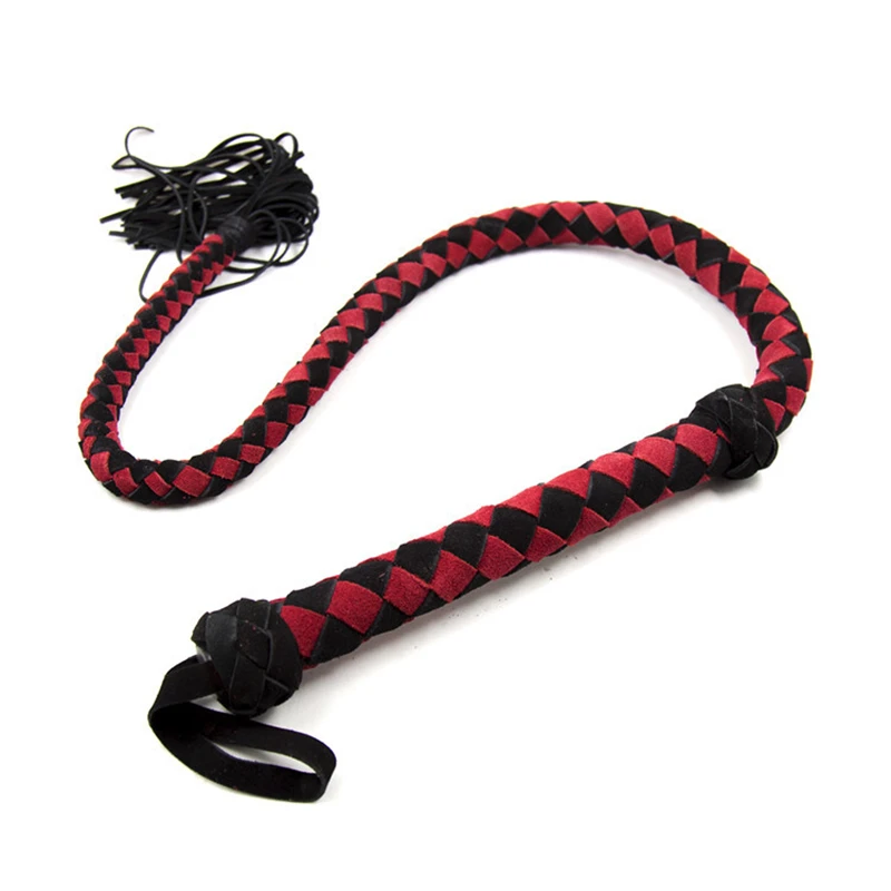 108CM Red and Black Real Cowhide Weave Leather Horse Whip With Handle Flogger Equestrian Teaching Training Riding Whips