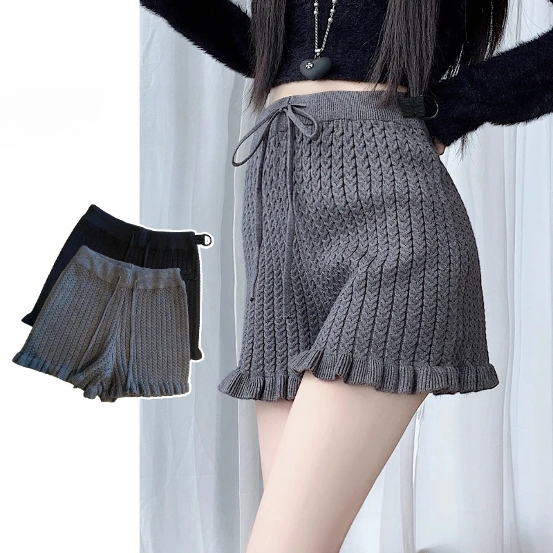 Maternity Shorts Minimalist Versatile Cable Knit Ruffle Hem Drawstring Waist Soft Comfortable Stretchy For Pregnant Women