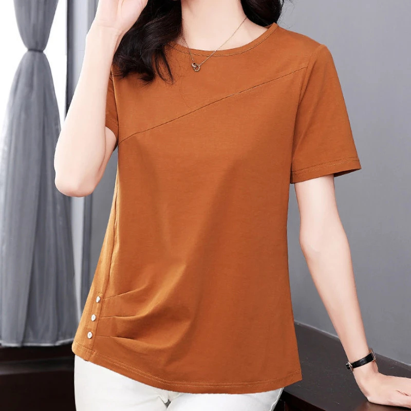 

Women's Clothing Tees T-shirt Streetwear Summer Short Sleeve Oversized Solid Button Folds Loose Round Neck Fashion Casual Tops