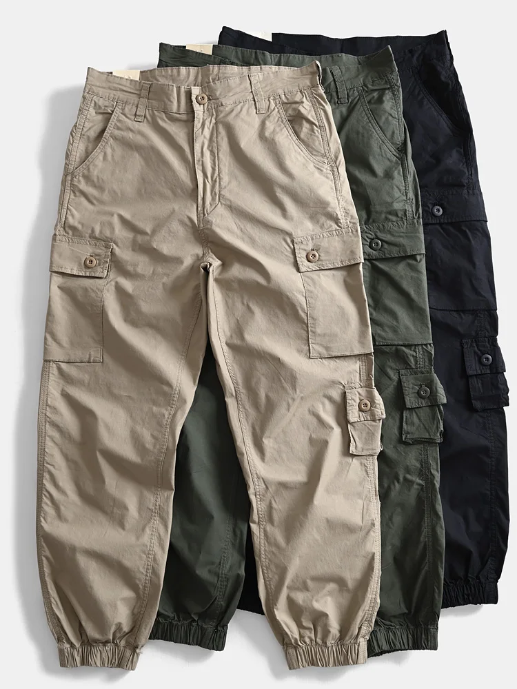 

Spring Summer Thin Retro Work Pants Men's Loose Casual Lightweight Outdoor Breathable Cotton Polyester Cargo Trousers