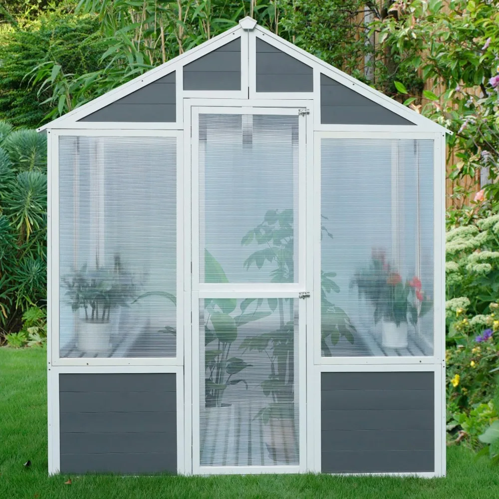 

Wooden Greenhouse, 6' x 4' x 7' Walk-in Greenhouse, Polycarbonate Green House with 2 Shelves, Wood Green House