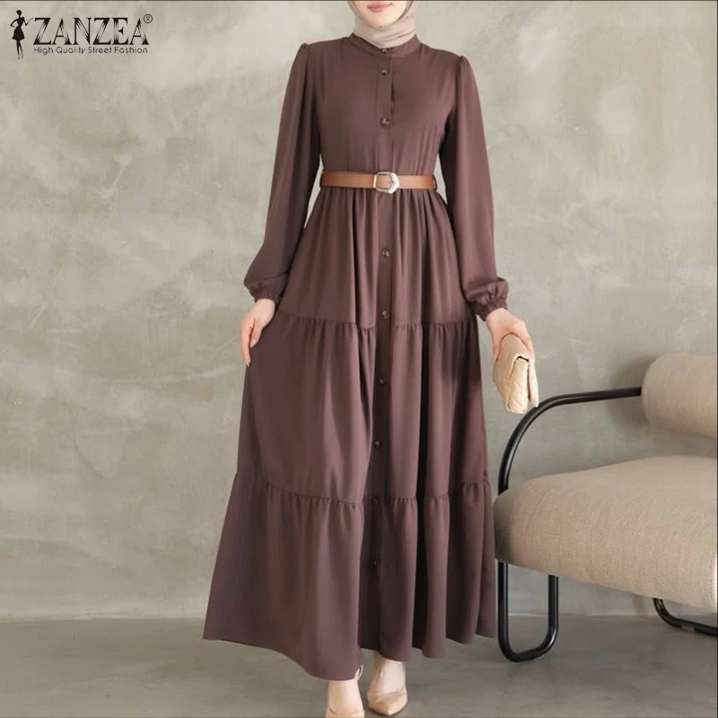 ZANZEA Women Autumn Dresses 2025 Fashion Muslim Abaya Dress O Neck Long Sleeve Sundress Pleated Robe Elegant Work Dress Vestidos