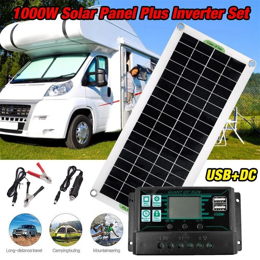 1000W Solar Panel Kit Solar Inverter System Complete with Controller 12V Solar Power Battery Charge Set for Home Car Camping