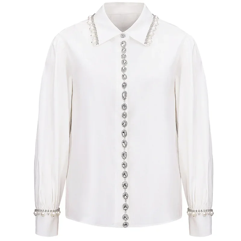 Female Spring 2024 New Diamond Top Beaded Bubble Sleeves Blouse Roupas Femininas Rhinestone White Shirt Blusas Mujer Loose