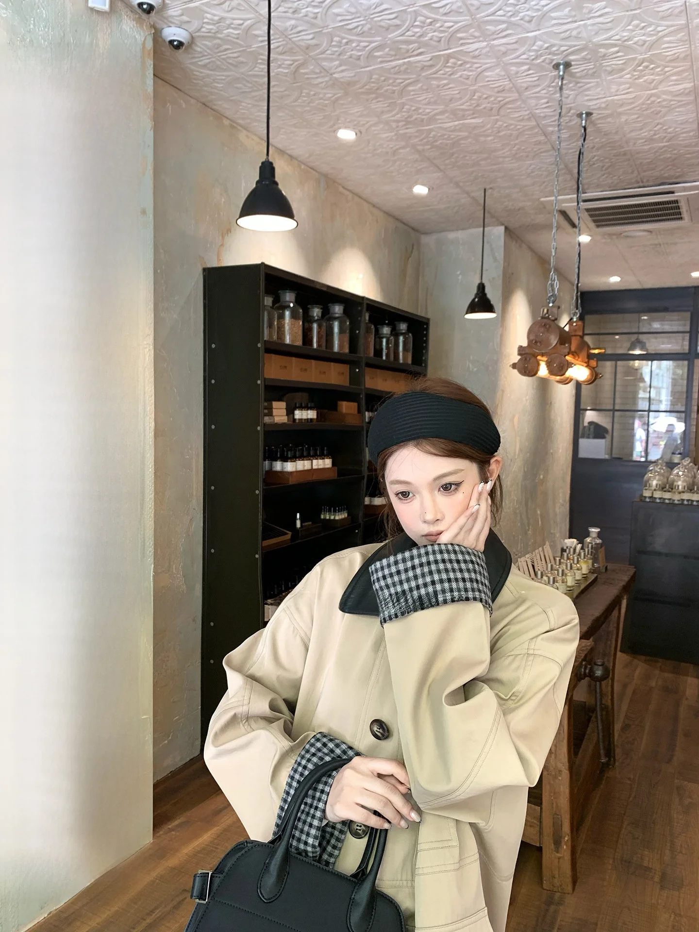 

ato Hero Khaki Classic Plaid Sve Turn-down Collar Mid-length Women's Windbreaker Coat Autumn Long Sve Cotton Blend