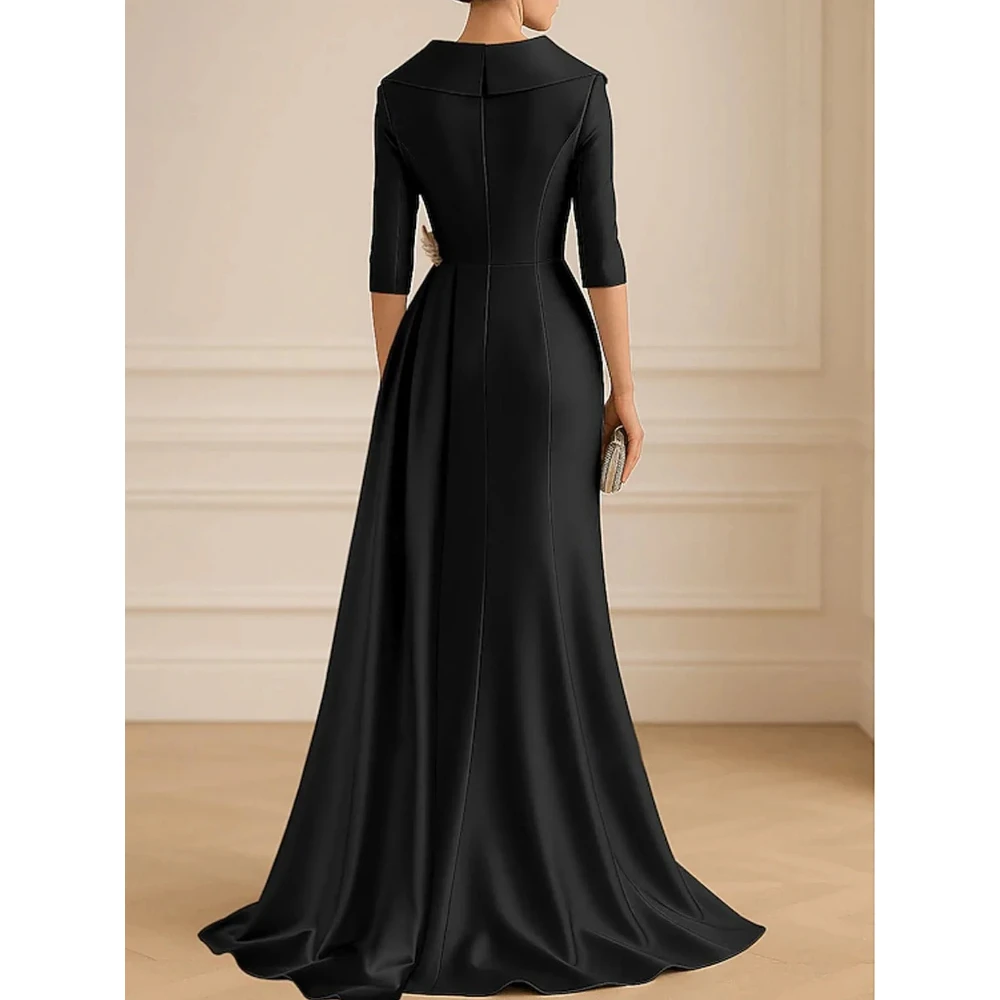 Black Formal Evening Dress Shirt Collar A Line Floor Length Half Sleeves Evening Gown Pleated Soft Satin Prom Dresses Customized image 2