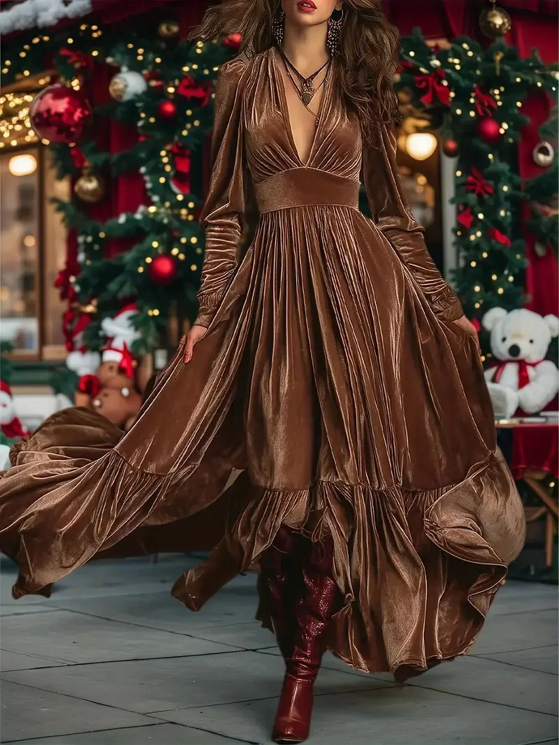 Elegancka, długa sukienka z aksamitu w stylu vintage, z dekoltem w serek, długimi rękawami, plisowana, idealna na wieczór, jesień, zimę, na co dzień i na wakacje.