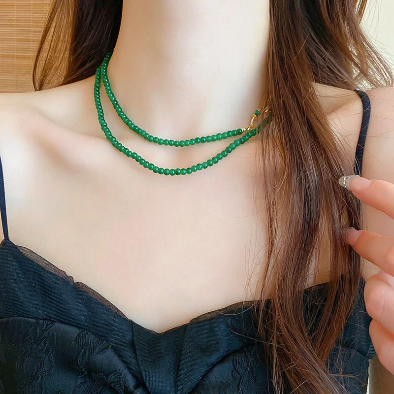 New Trendy Emerald Glass Beaded Chain Necklace Clavicular Chain Women\'s Temperament Jewelry Birthday Party Gift