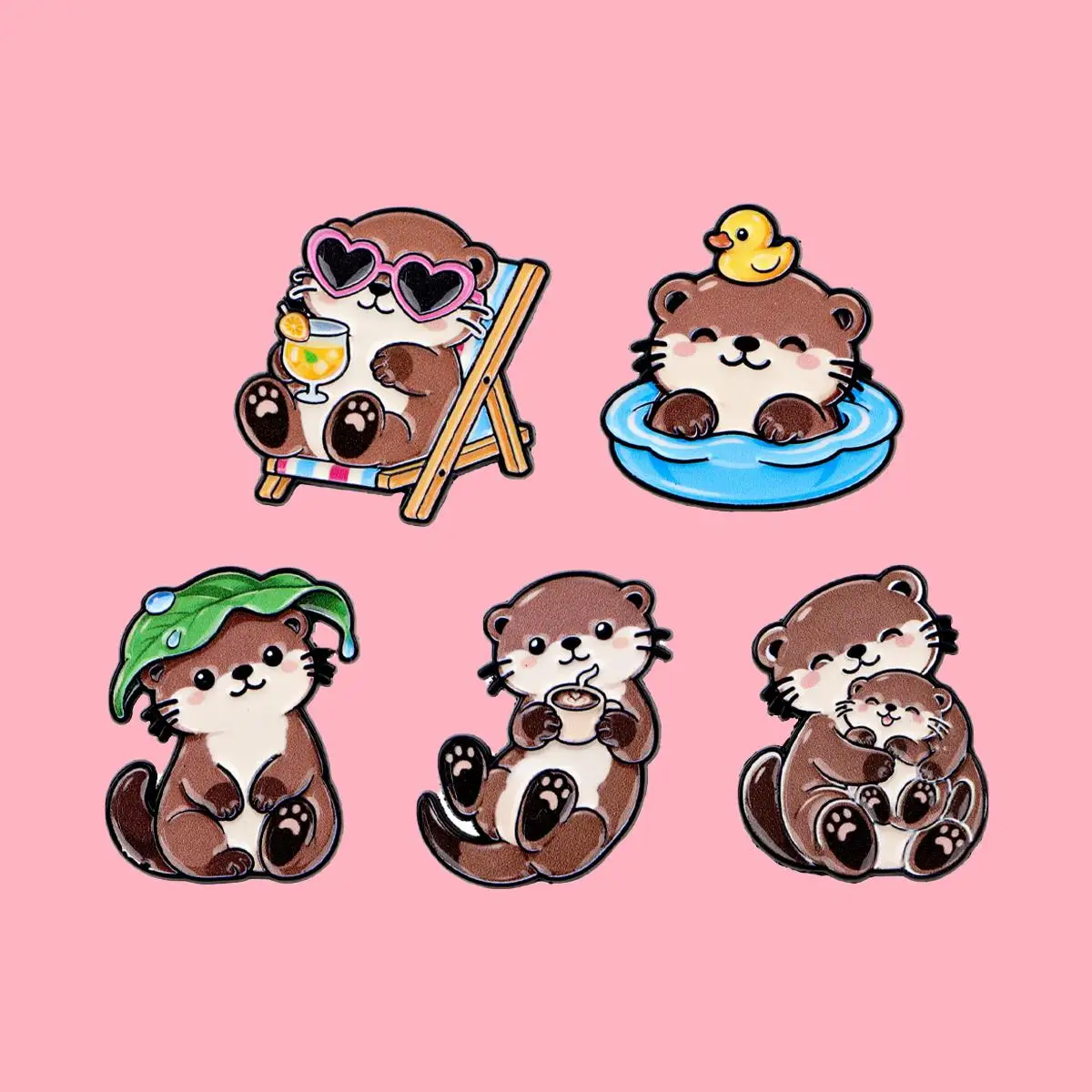 Cartoon Cute Coffee Otter Brooch Sea Animal Metal Enamel Pins Badge on Backpack Clothing Accessories Jewelry Gift for Friends