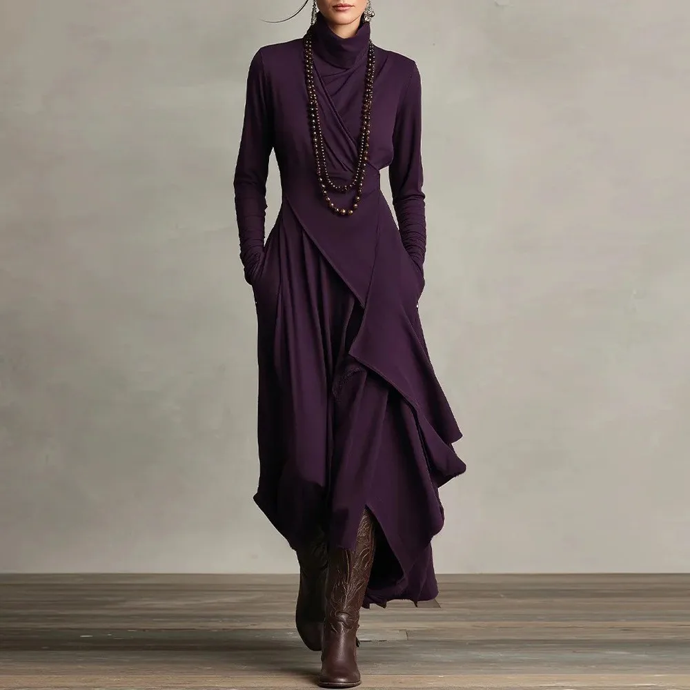 Asymmetrical Women's Turtle Neck Long Sleeve Cross Hem Maxi Dress Fall Winter Trendy Fashion Classic Chic Elegant Warm Dress
