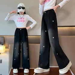 New Fashion Teenager Girls Denim Wide Leg Pants Children Trousers Spring Autumn Love Pattern Girls Jeans 5-14 Years Kids Clothes