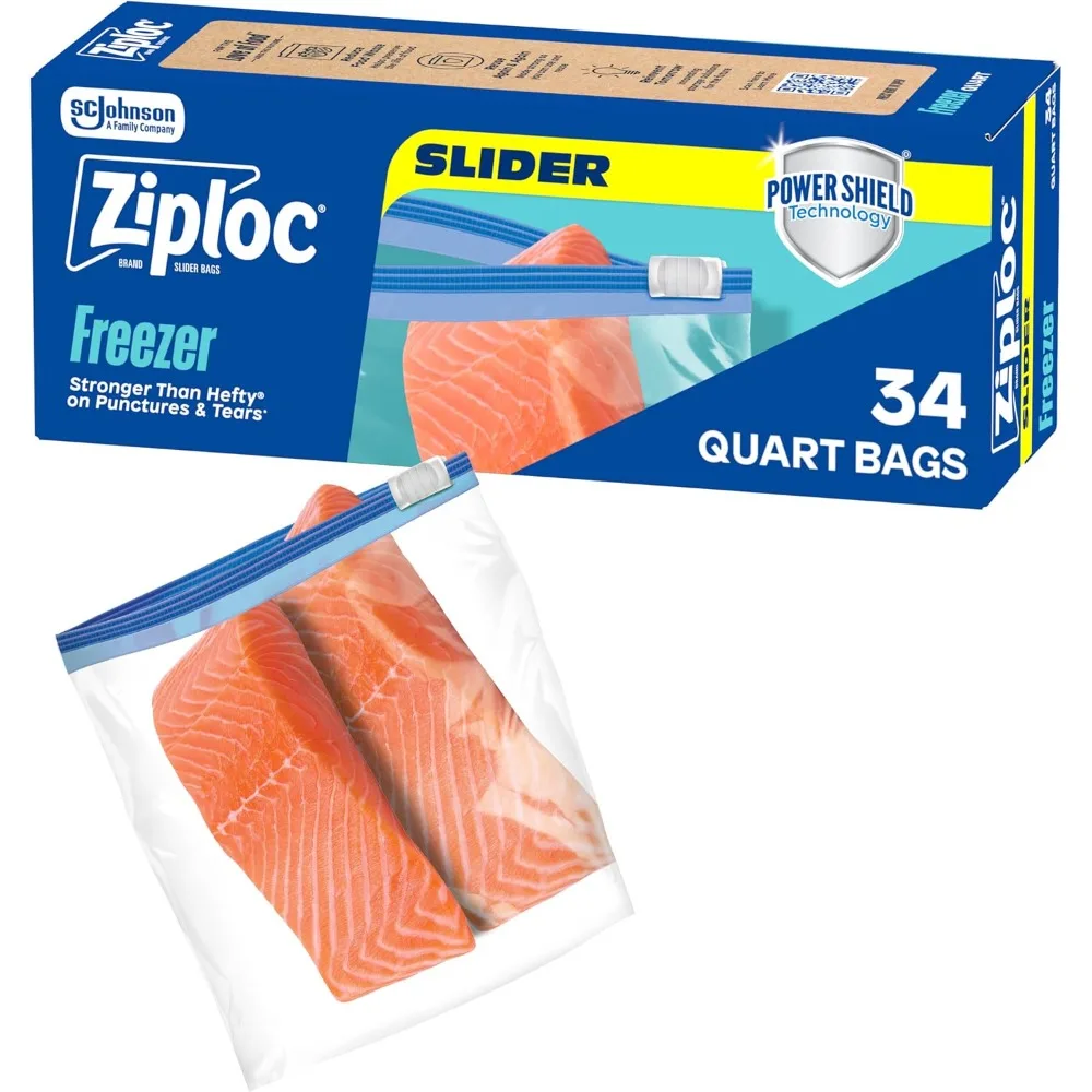 Durable Food Storage Quart Freezer Slider Zipper Bags Heavy Duty Reusable Plastic Bags for Kitchen Freezing 34 Count