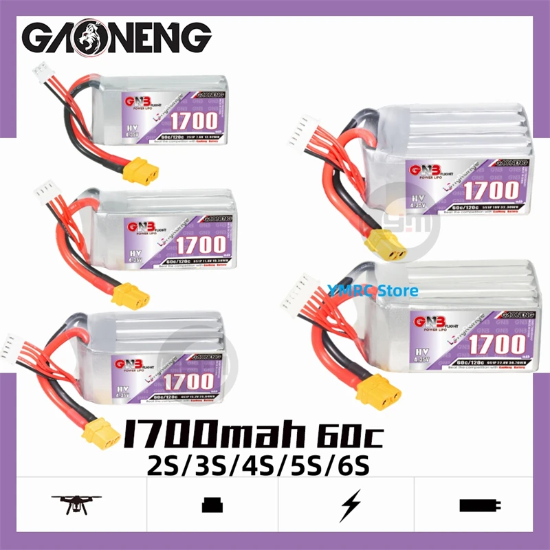 

Gaoneng GNB 1700mAh 2S/3S/4S/5S/6S 7.6V/11.4V/15.2V/19V/22.8V 60C LiPo Battery with XT60 Plug for Long Range FPV Racing Drone