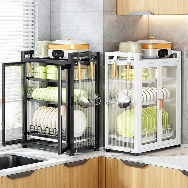 

Kitchen Strong Load-bearing Double Door Four Layer Bowls And Dishes Storage Cabinet Household Drawable Draining Storage Rack