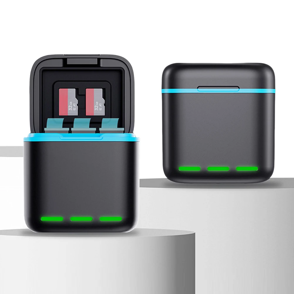 Estação do Carregador de Bateria com Cabo Tipo C, Estojo para Armazenamento de Baterias, 2 Slot SD para Go Pro Hero 12, 11, 10, 9, 3 Channel