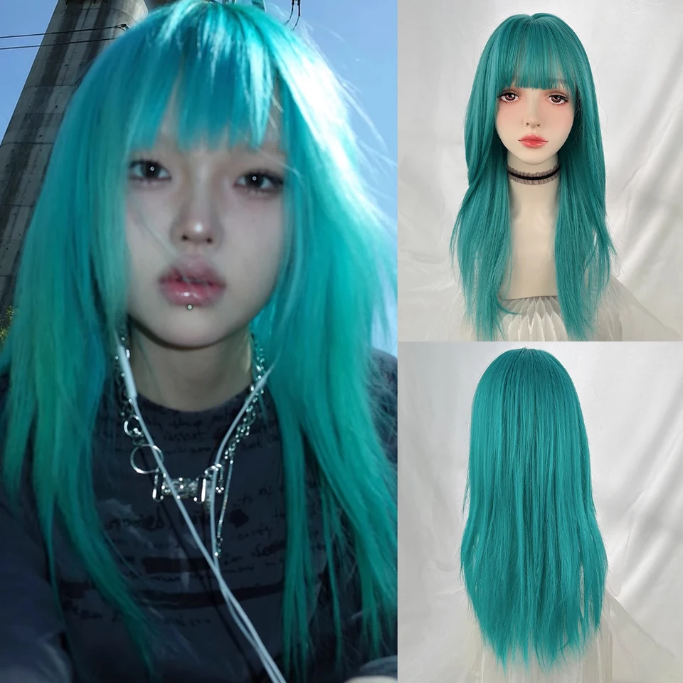 Peluca sintética larga y lacia color verde azulado con flequillo, para mujer, esponjosa y resistente al calor, para uso diario y fiestas