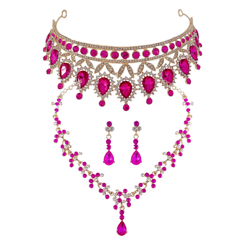

1 set Crown Earrings Set Rhinestone Jewelry for Women Bridal Crystal Bride Wedding Party Prom Decoration Melon Red Color
