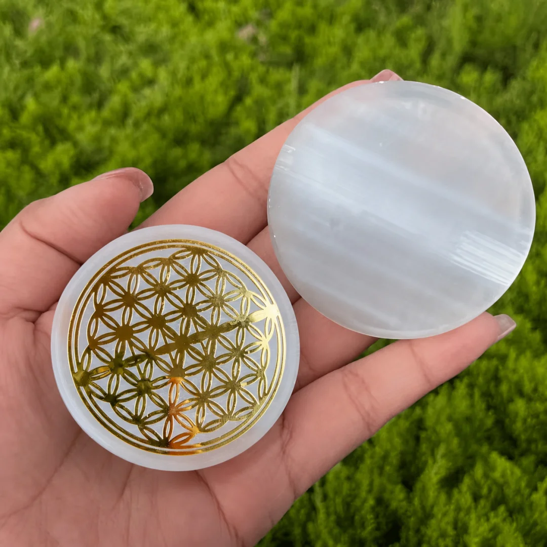 Natural Selenite Round Disc Gold Foil Flower of Life Sacred Geometry Symbol Healing Gypsum Slab Meditation Home Decor Gift
