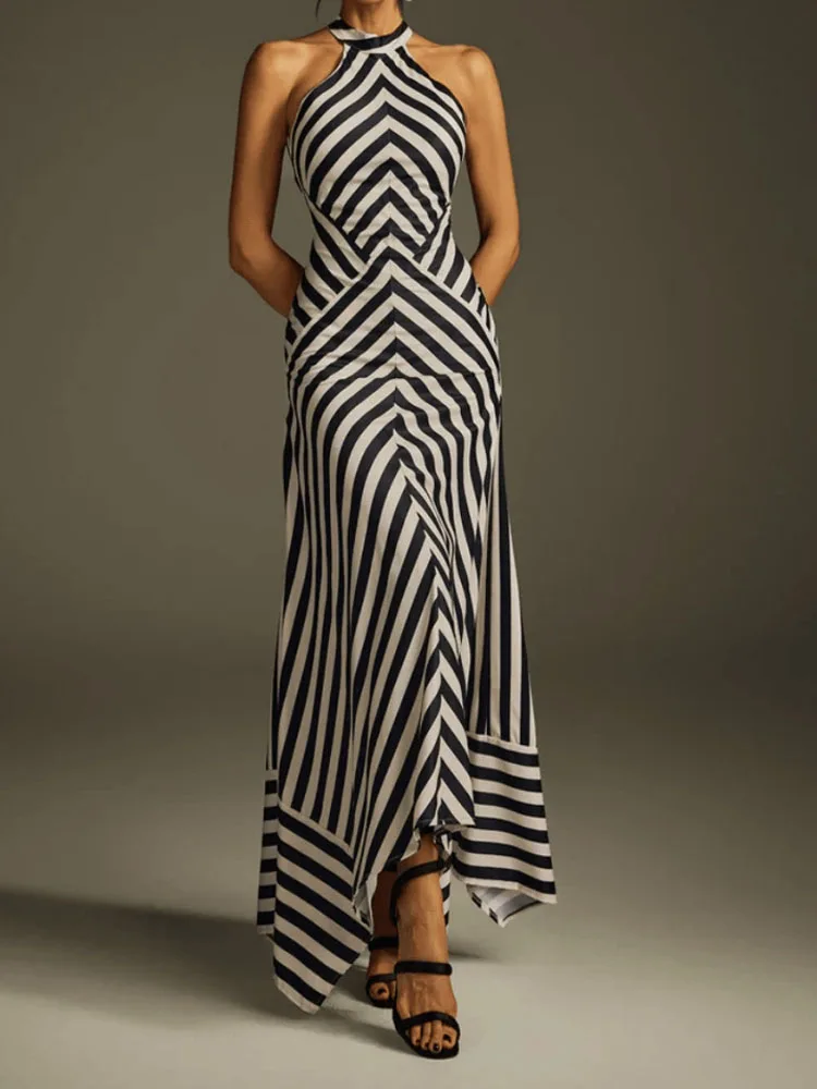 أنيقة الرسن بلا أكمام مساء فستان طويل المرأة مثير عارية الذراعين الجوف خارج فستان الحفلات موضة مخطط طباعة فساتين ضئيلة #3