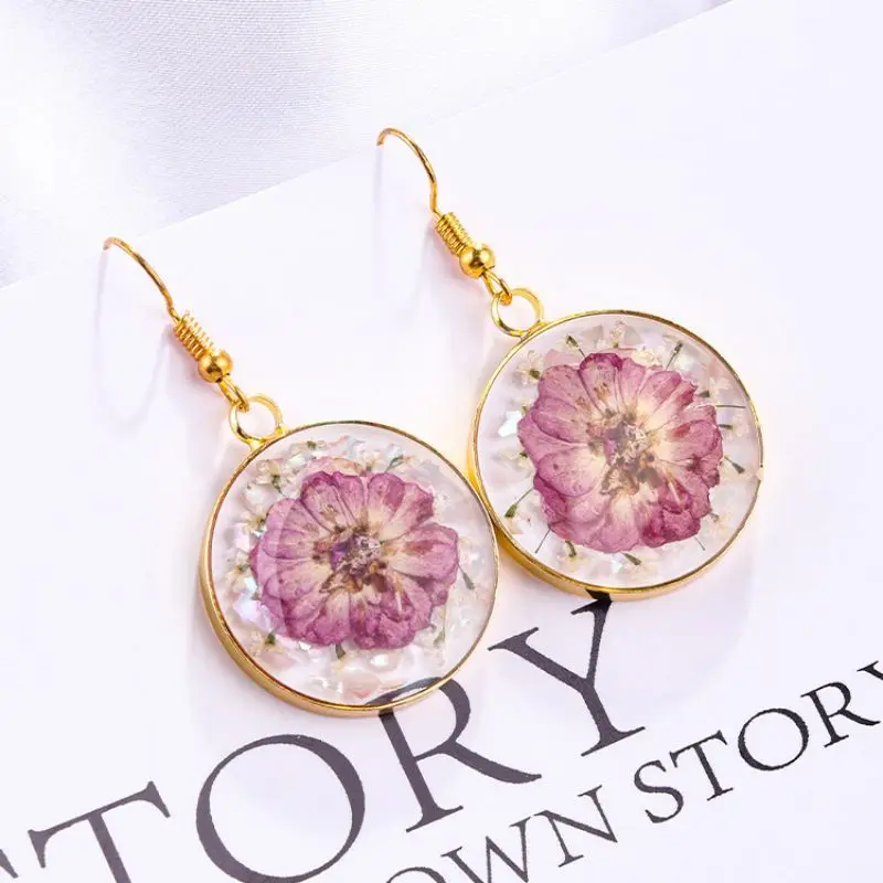 Elegant Round Drop Earrings With Flower Unique Natural Pressed Flower Earrings Handmaking Epoxy Resin Flower Earrings Wholesale