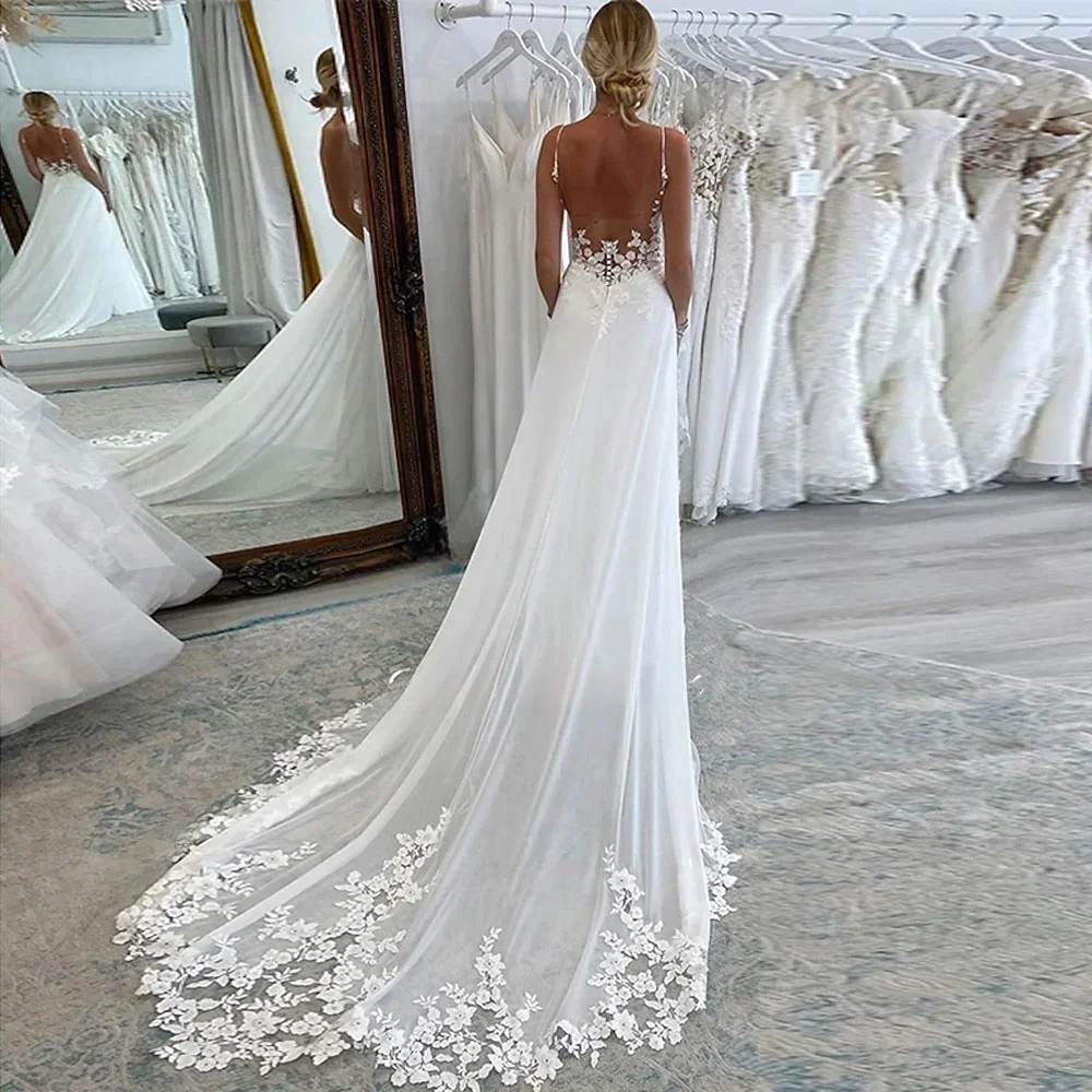 Vestido de casamento 2025 elegante decote em v profundo renda apliques sem costas a linha sem mangas alças espaguete vestido de casamento de noiva personalizado