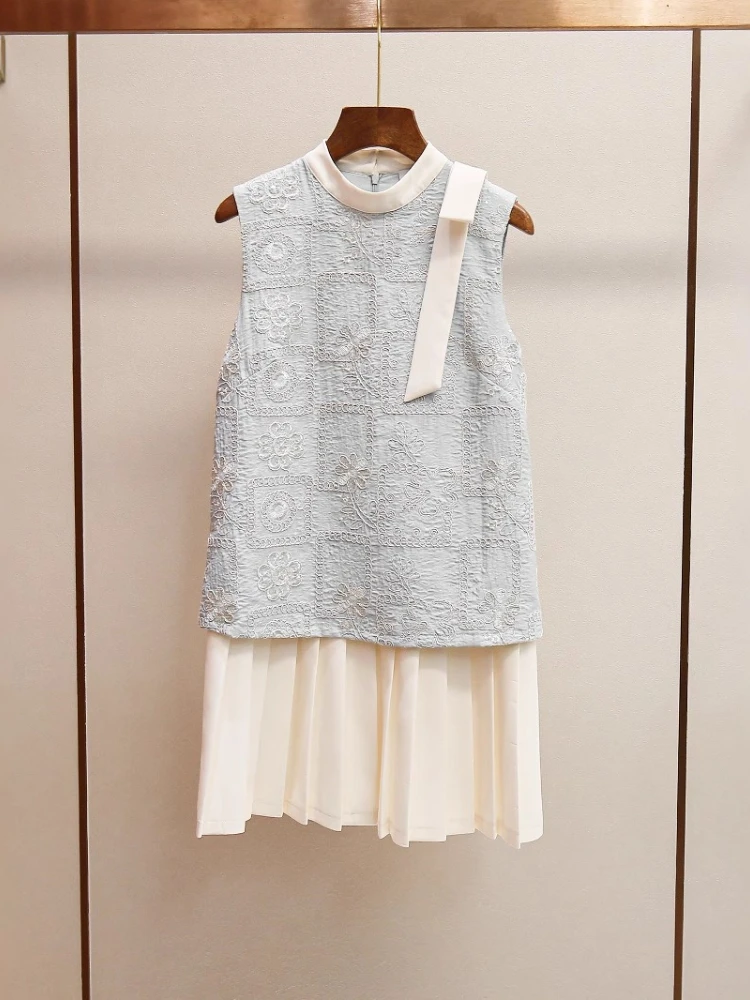 Women's Summer New Fashionable and Exquisite Embroidery Patchwork Sleeveless Pleated Dress Diamond Painting Cross Stitch