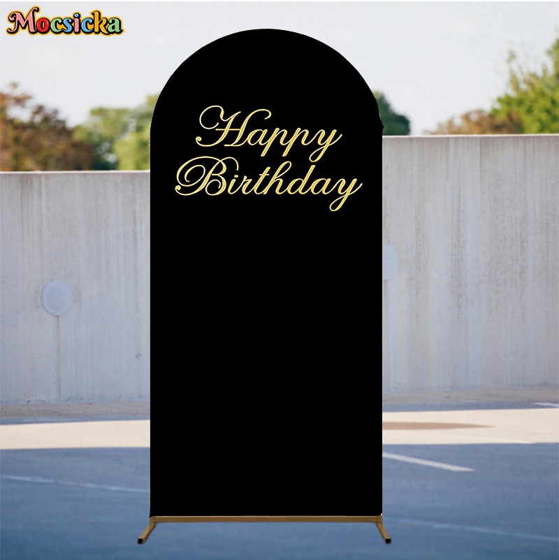 غطاء خلفيات على شكل قوس ذهبي أسود من Mocsicka لتزيين الحفلات على الوجهين، دعائم تصوير لحفلة استقبال المولود الجديد، خلفيات عيد ميلاد سعيد #3