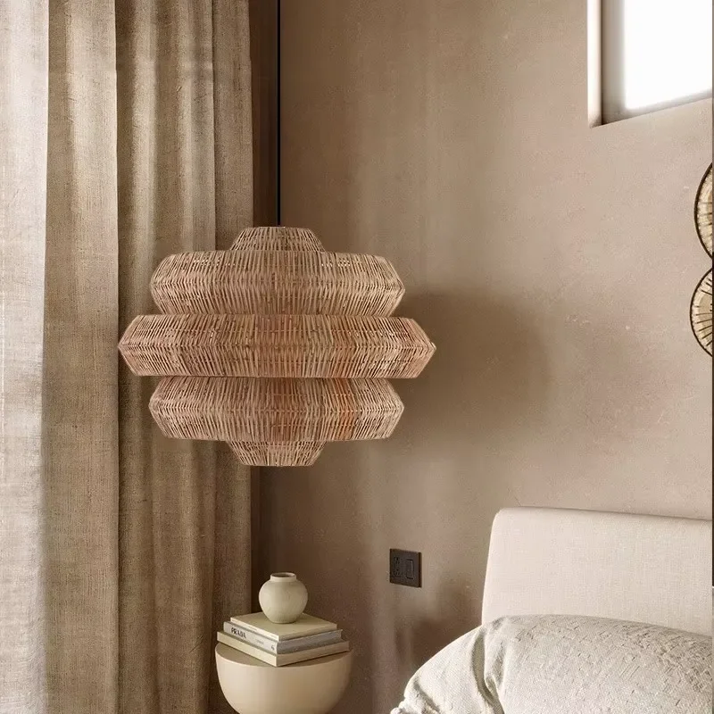 Three-layer hexagonal hand-woven rattan chandelier, black wrought iron chandelier, suitable for B & B villa wabi-sabi style