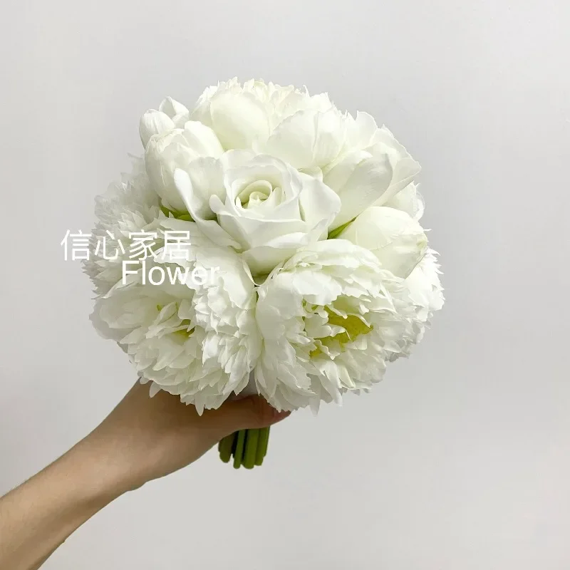 White and pink bouquet simulated flower bride wedding certificate moisturizing rose peony silk flower photo studioClassical