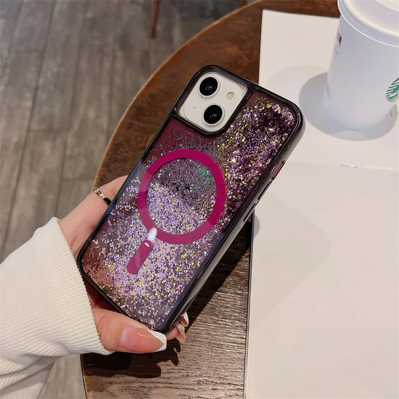 Luxury Magnetic Magnets Quicksand Case Cover for iPhone 15 14 16 Pro Max Glitter Powder Sequins Shell Hard Funda Liquid Carcasas