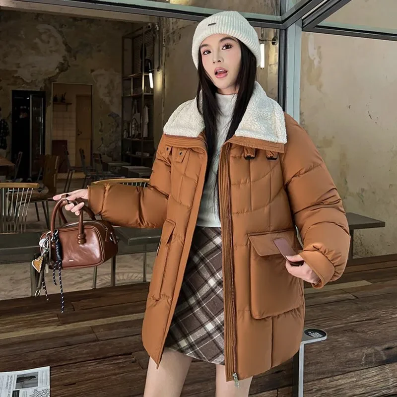 Parka inverno calor jaqueta acolchoada feminina comprimento médio superior casaco de neve plus size solto moda nova