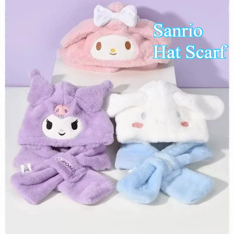

Hat Scarf All-in-one Sanrio Anime Kuromi Children's Toy Cartoon Warm Ear Protection Velvet Melody Thickened Warm Hooded Scarf